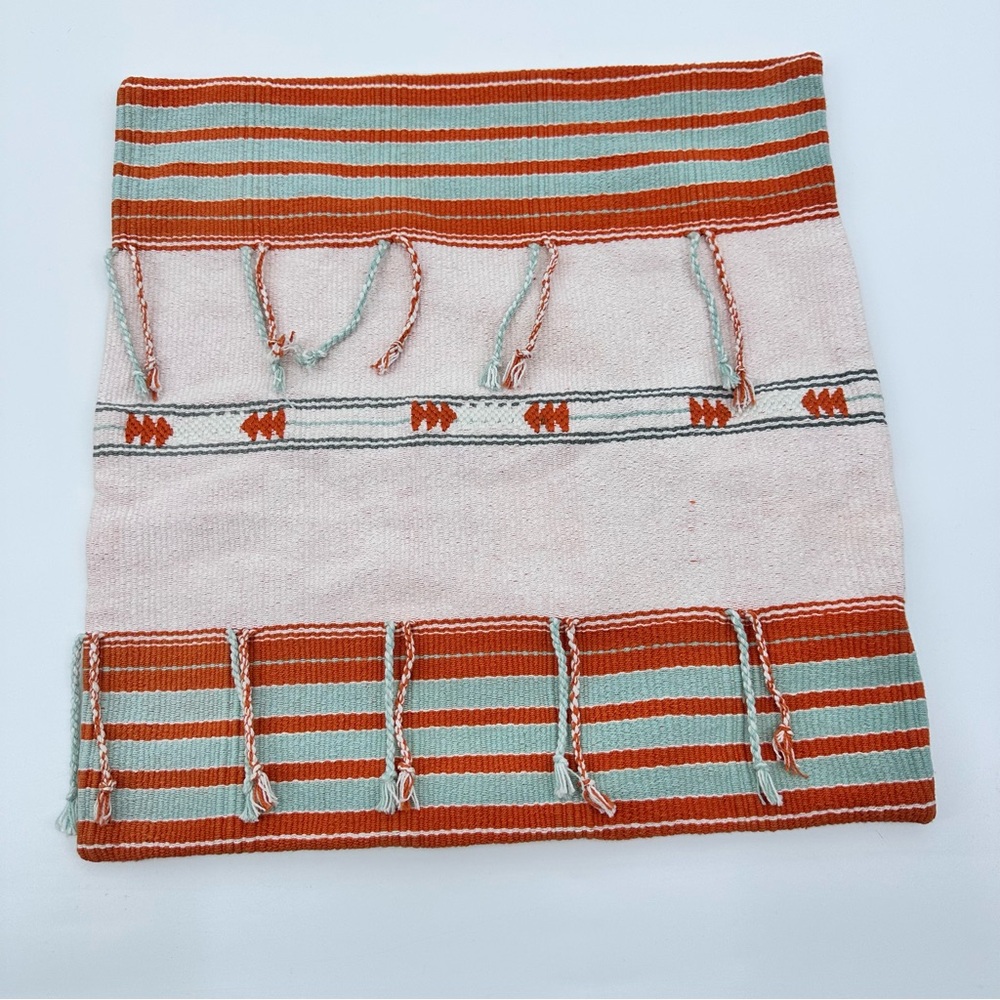West Elm Fringed Woven Pillow Cover Burnt Orange Aqua 16” x 16”